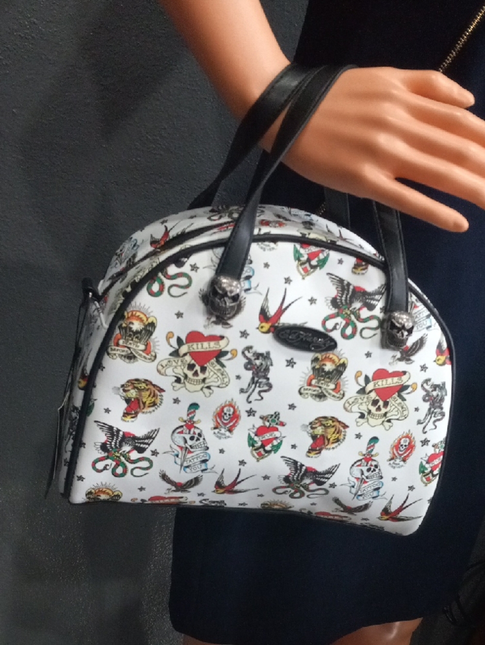 Ed Hardy Lunch Tote W/ Thermal Lining White & Black Tattoo-Print